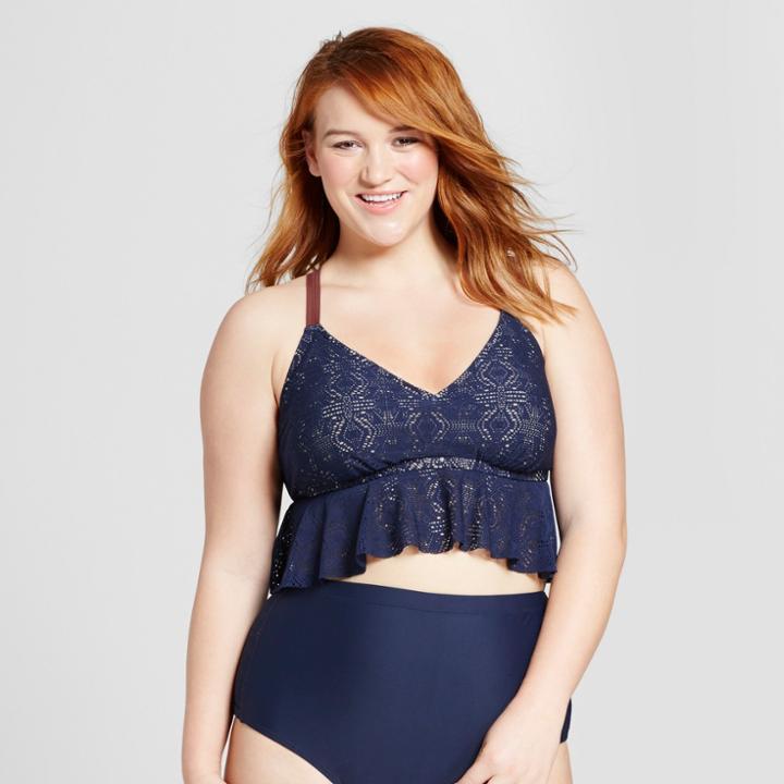Costa Del Sol Women's Plus Size Crochet Cami Bikini Top - Navy/brown X, Blue