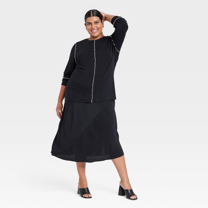 Women's Plus Size Long Sleeve Slim Fit Seam T-shirt - Ava & Viv Black X
