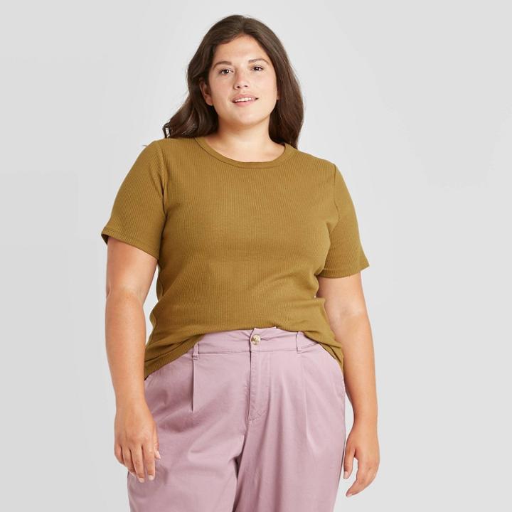 Women's Plus Size Short Sleeve Rib T-shirt - A New Day Olive