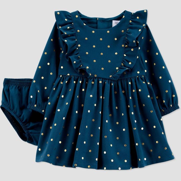 Baby Girls' Dot Long Sleeve Dress With Diaper Cover - Just One You Made By Carter's Green Newborn