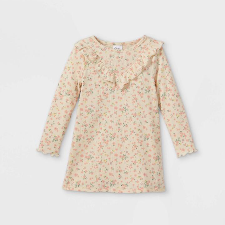 Toddler Girls' Ruffle Rib Long Sleeve Dress - Art Class Cream