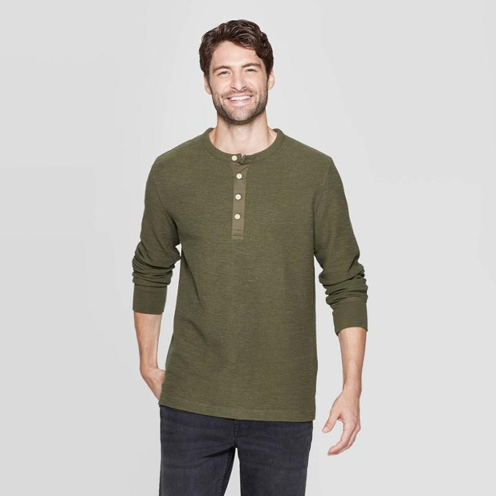 Men's Regular Fit Long Sleeve Textured Henley Shirt - Goodfellow & Co Late Night Green S, Size: Small, Late Black Green