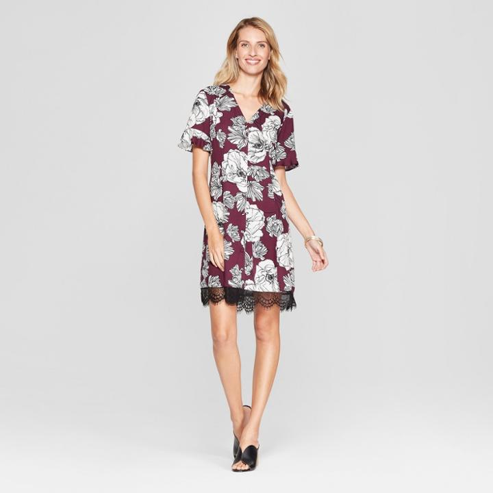 Women's Floral Print Button Front Lace Trim Dress - Chiasso - Burgundy M, Size: