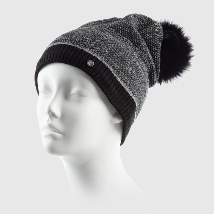 Women's Texture Knit Beanie With Reflective Stripe And Faux Fur Pom - C9 Champion Black, Size: Small, Black Gray