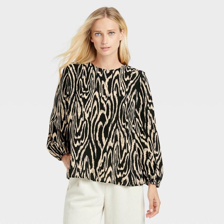 Women's Bishop Long Sleeve Blouse - Who What Wear Black Woodgrain