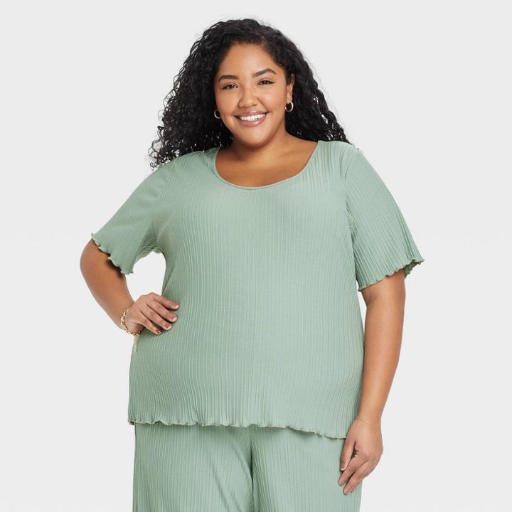 Women's Plus Size Short Sleeve Scoop Neck Ribbed T- Shirt - Ava & Viv Green
