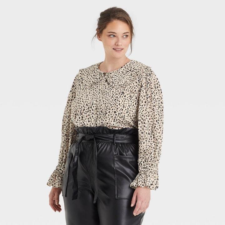 Women's Plus Size Ruffle Long Sleeve Top - Who What Wear Brown Leopard Print