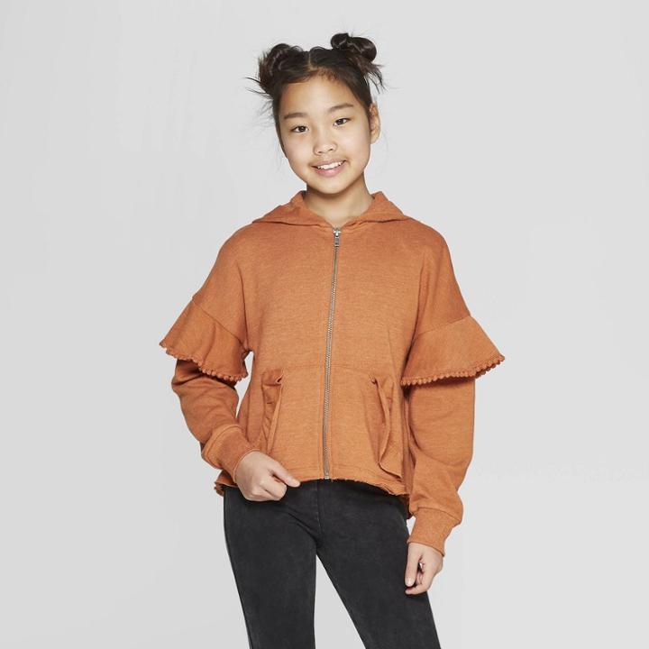 Girls' Zip-up Hoodie With Ruffles - Art Class Orange