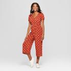 Women's Polka Dot Short Sleeve Button Front Tie Back Cropped Jumpsuit - Xhilaration Rust (red)