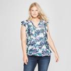 Women's Plus Size Floral Print Ruffle Sleeveless Blouse - Ava & Viv Blue