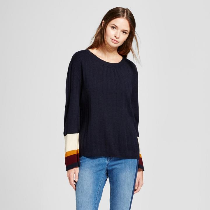 Cliche Women's Colorblock Bell Sleeve Pullover Sweater - Clich Navy