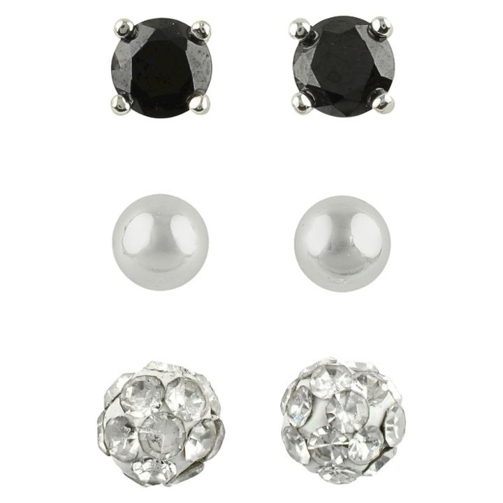 Target Cubic Zirconia Stud, Ball And Crystal Fireball Earrings Set Of 3 - Black,