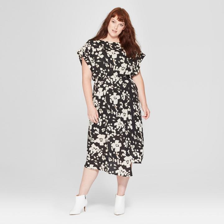 Women's Plus Size Floral Print Short Sleeve Pleated Wrap Dress - Prologue Black/white