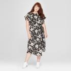 Women's Plus Size Floral Print Short Sleeve Pleated Wrap Dress - Prologue Black/white
