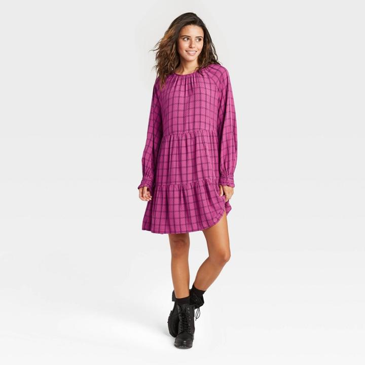 Women's Plaid Balloon Long Sleeve Tiered Babydoll Dress - Universal Thread Purple