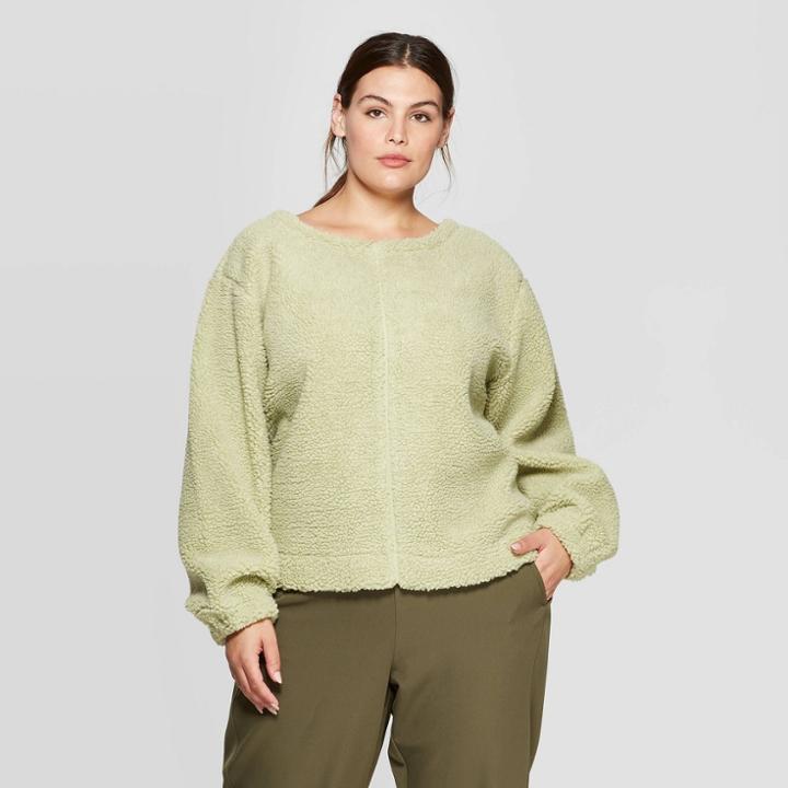 Women's Plus Size Long Sleeve Crewneck Sherpa Sweatshirt - Prologue Green X, Women's