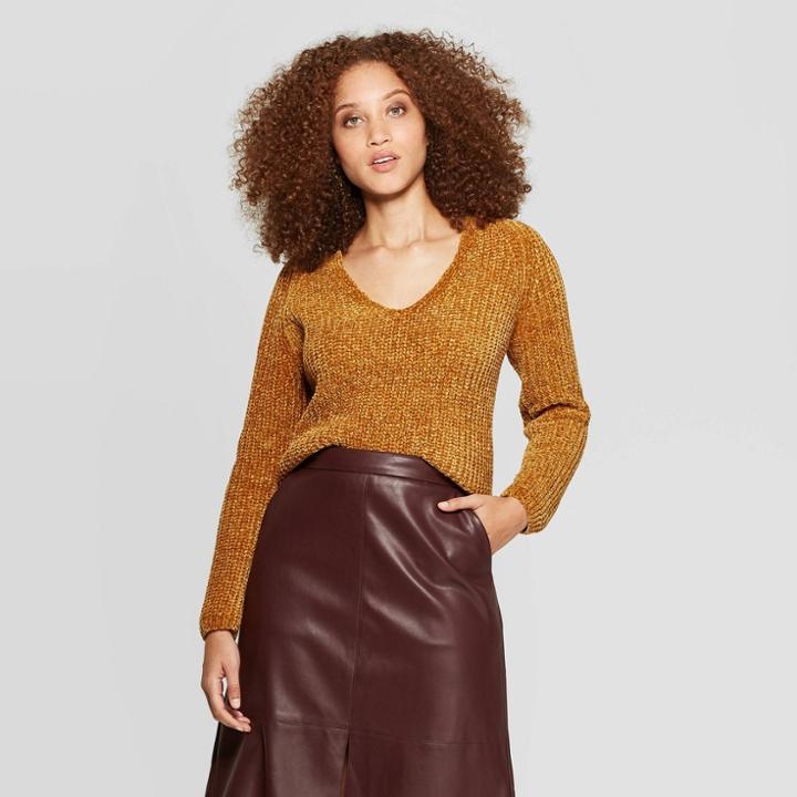 Women's Long Sleeve V-neck Chenille Pullover Sweater - A New Day Gold