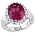 Allura 7.49 Ct. T.w. Oval Cut Created Ruby And.66 Ct. T.w. White Topaz Halo Ring In Sterling Silver
