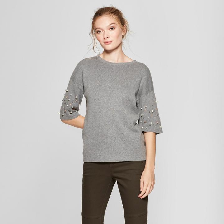 Women's Short Sleeve Pearl Embellished Pullover Sweater - A New Day Gray