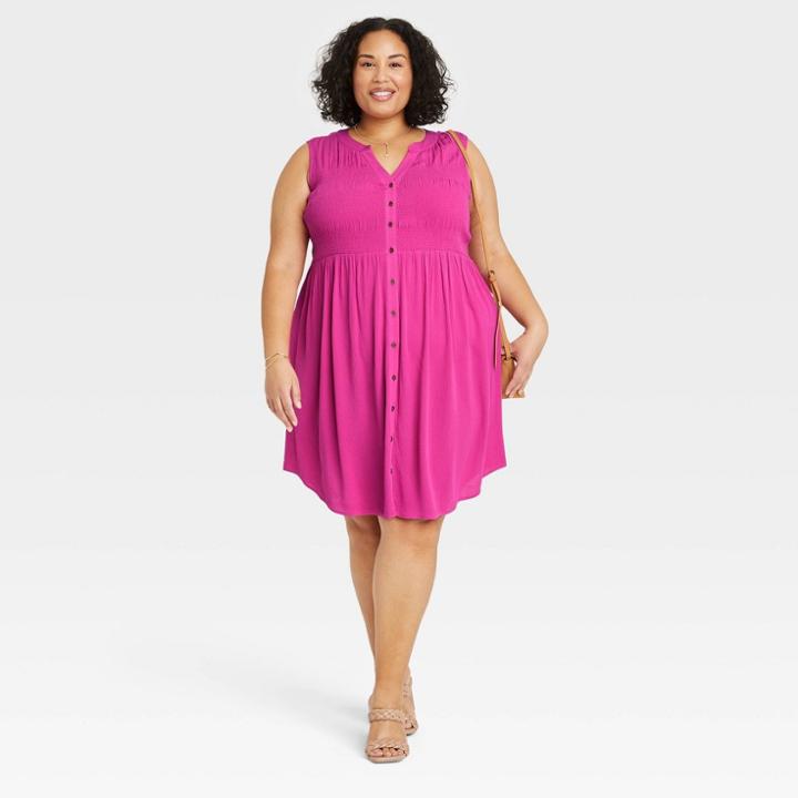 Women's Plus Size Sleeveless Smocked Button-down Dress - Knox Rose Berry Punch