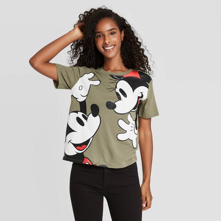 Disney Women's Mickey & Minnie Plus Size Oversized Short Sleeve Graphic T-shirt - Green