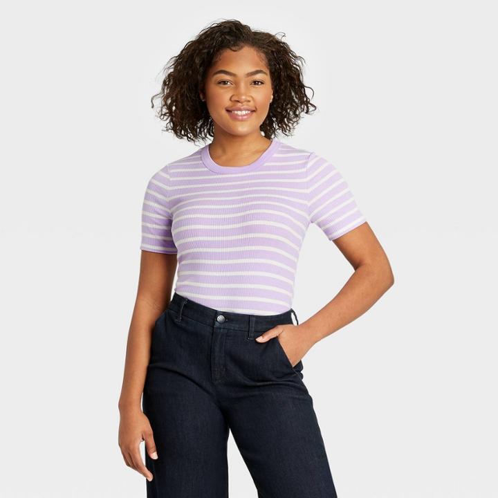Women's Striped Short Sleeve Rib T-shirt - A New Day Purple