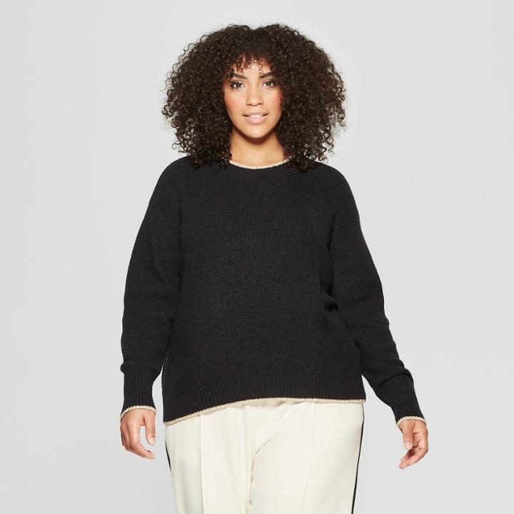 Women's Plus Size Long Sleeve Slouchy Metallic Crew - Who What Wear Black X
