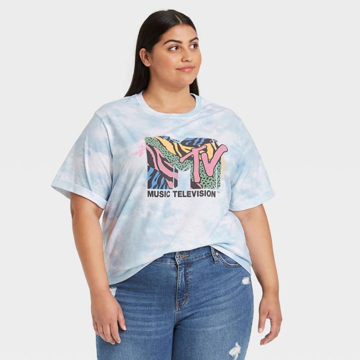 Women's Mtv Plus Size Animal Print Logo Short Sleeve Graphic T-shirt - Blue Tie-dye