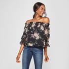 Women's Floral Print 3/4 Sleeve Off The Shoulder Top - Lily Star (juniors') Black