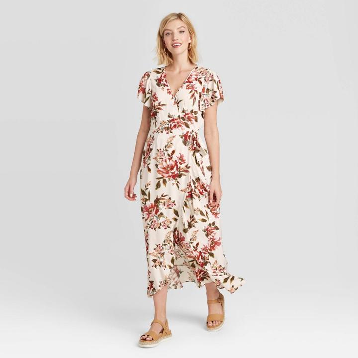 Women's Floral Print Short Sleeve Wrap Dress - Xhilaration Cream Xs, Women's, Ivory
