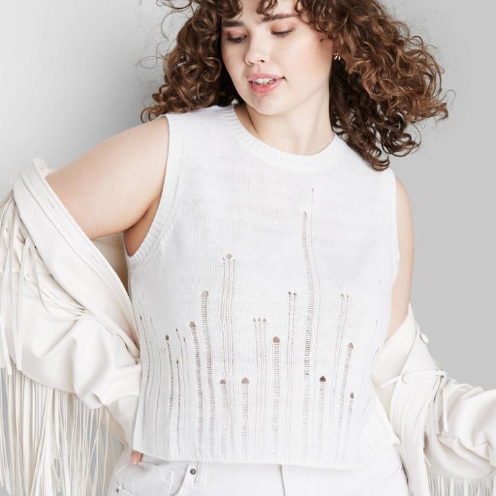 Women's Crewneck Destructed Sweater Tank Top - Wild Fable White