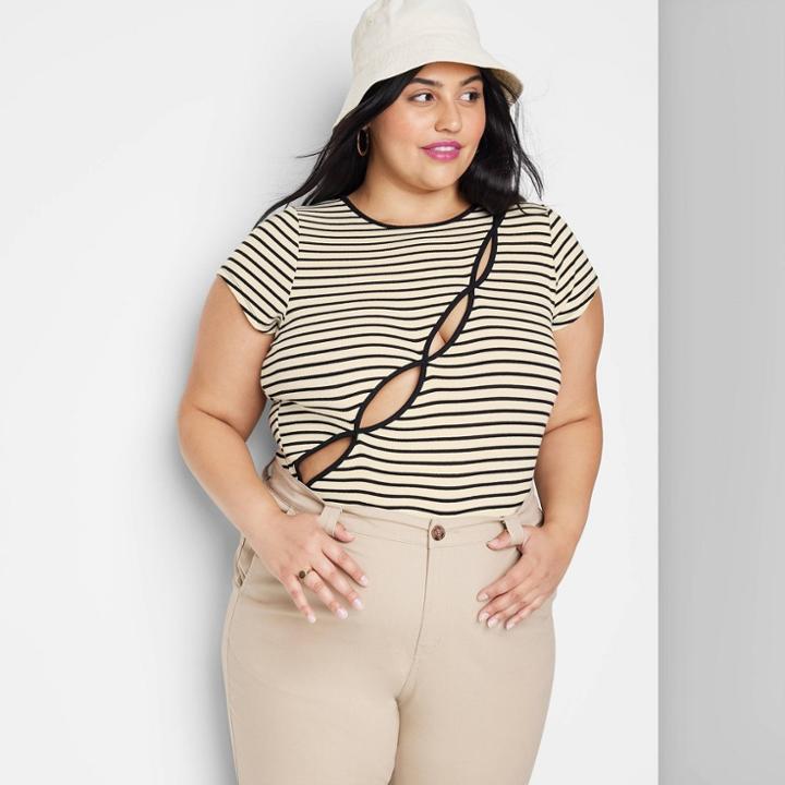 Women's Plus Size Short Sleeve Diagonal Cut Out Baby T-shirt - Wild Fable Cream Striped 1x, Ivory