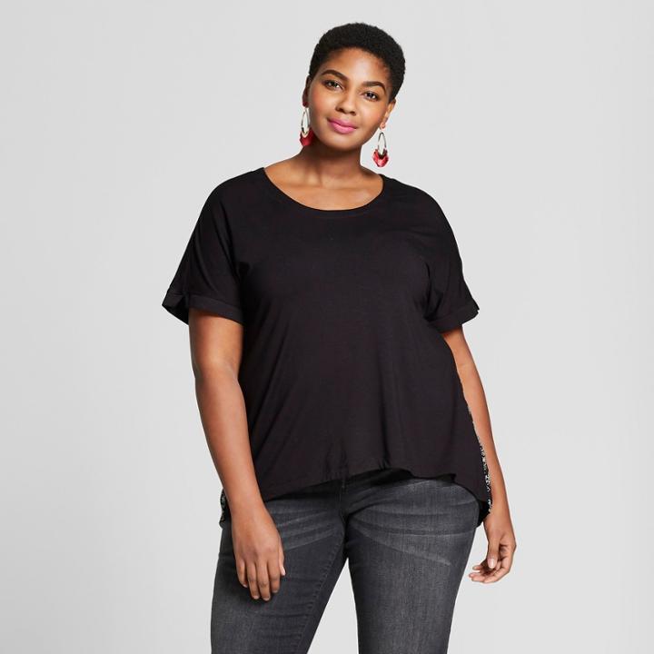Women's Plus Size Mixed Media Short Sleeve T-shirt - Ava & Viv Black Floral Print