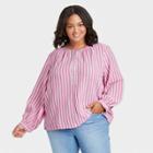 Women's Plus Size Striped Long Sleeve Half Placket Blouse - Universal Thread Pink