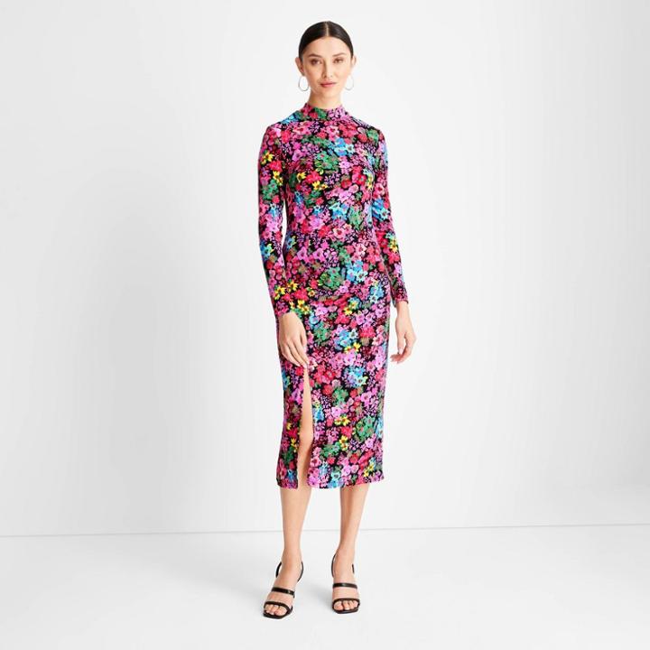 Women's Floral Print Long Sleeve Mock Neck Side Ruched Slit Midi Dress - Future Collective With Kahlana Barfield Brown Pink/black Xxs
