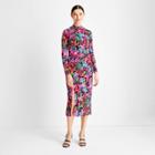 Women's Floral Print Long Sleeve Mock Neck Side Ruched Slit Midi Dress - Future Collective With Kahlana Barfield Brown Pink/black Xxs