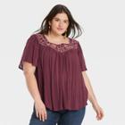 Women's Plus Size Floral Print Short Sleeve Square Neck Babydoll Top - Knox Rose Burgundy