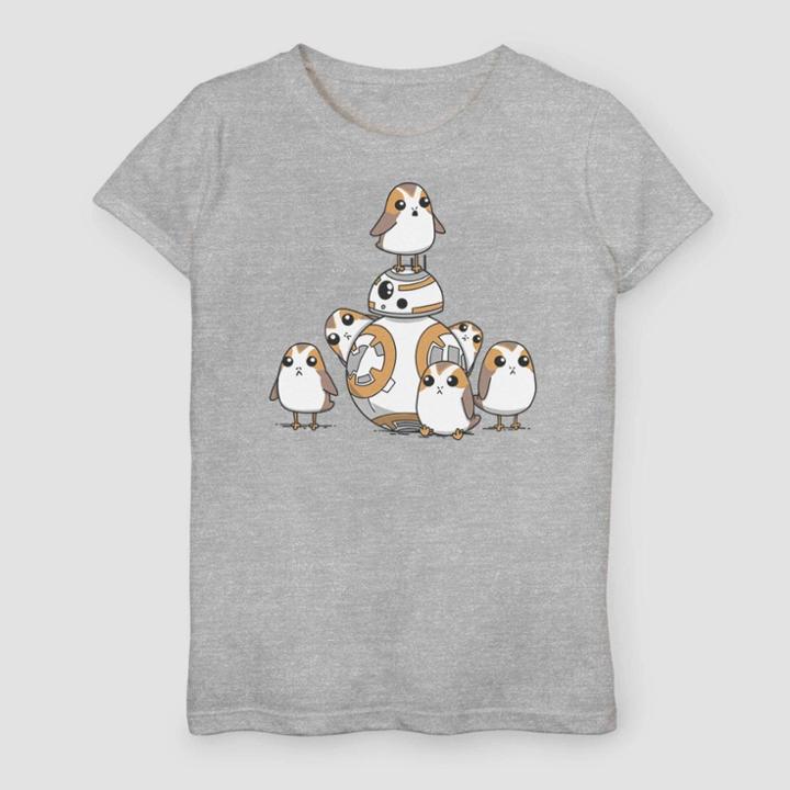 Girls' Star Wars Episode 8 Adorable And Porgs T-shirt - Gray