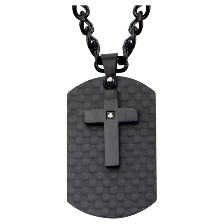 Target Men's Steel Art Stainless Steel Black Ip Cross Cz And Carbon Fiber Dog Tag Pendant With Chain
