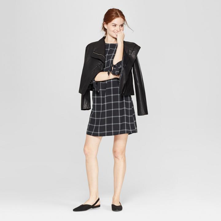 Women's Plaid Long Sleeve Crepe Dress - A New Day Black/white