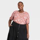 Women's Plus Size Floral Print Short Sleeve Button-front Blouse - Universal Thread Brown