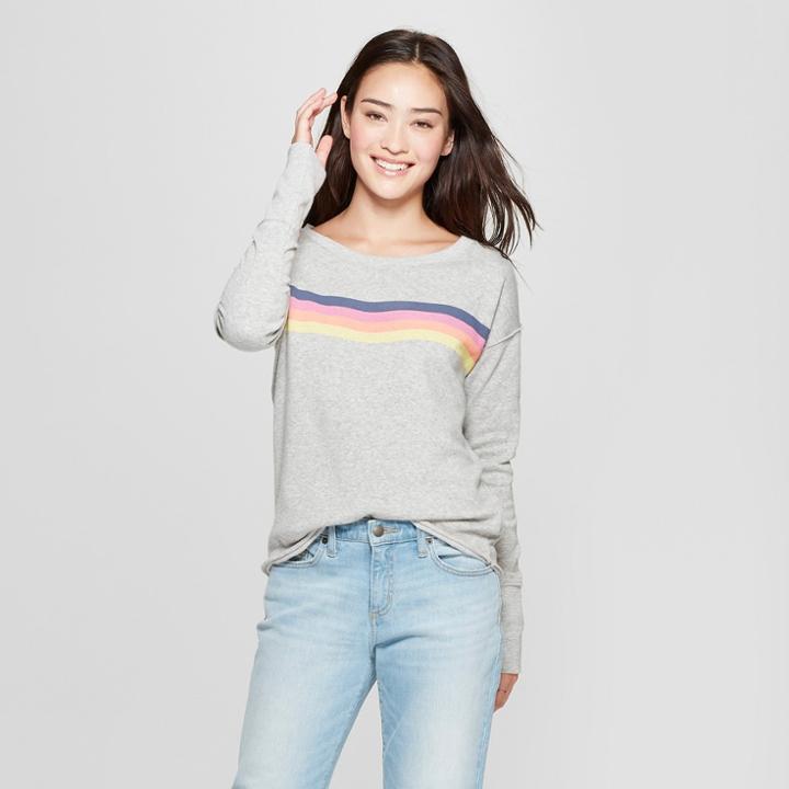 Women's Striped Long Sleeve Fleece Pullover - Grayson Threads (juniors') Heather Gray