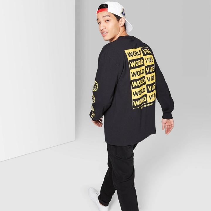 Men's World Wide Answer Long Sleeve Crewneck Graphic T-shirt - Original Use Black