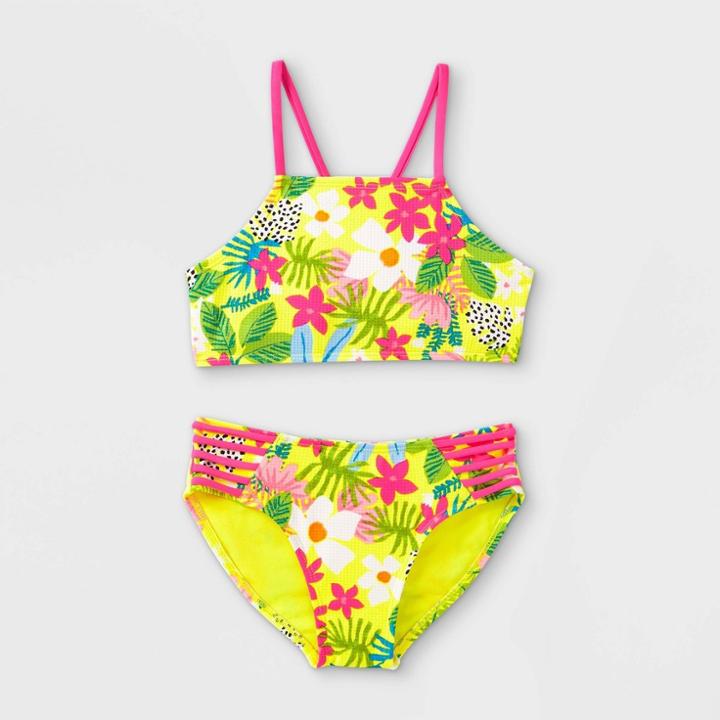 Girls' Floral Print High Neck Bikini Set - Art Class Yellow