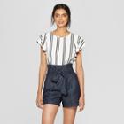 Women's Striped Short Flutter Sleeve Crew Neck Blouse - A New Day White/black