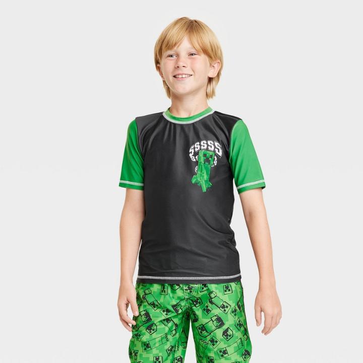 Boys' Minecraft Short Sleeve Rash Guard Swimsuit Top - Black