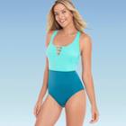 Women's Slimming Control Colorblock One Piece Swimsuit - Beach Betty By Miracle Brands Teal Green