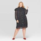 Women's Plus Size Floral Print Long Sleeve High Neck Midi Dress - Ava & Viv Black 1x, Women's,