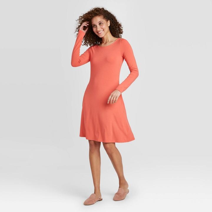 Women's Regular Fit Long Sleeve Round Neck Knit Dress - A New Day Red