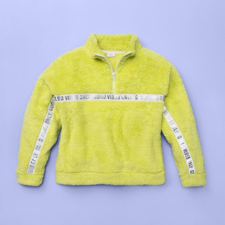 Girls' Cozy Quarter Zip Faux Fur Sweater - More Than Magic Lime Green Xs, Green/green